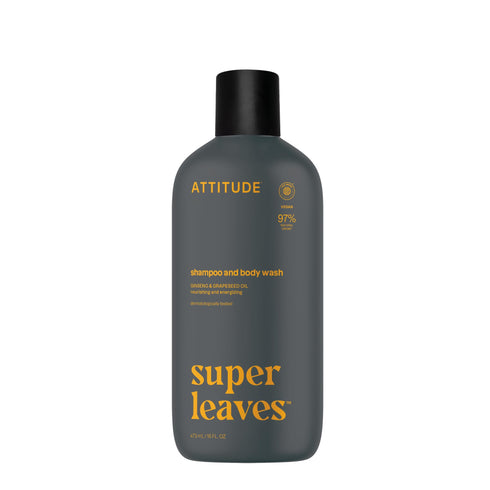 ATTITUDE 2-in-1 Body Wash and Hair Shampoo, EWG Verified Shower Gel, Dermatologically Tested, Made with Naturally Derived Ingredients, Vegan Personal Care, Ginseng and Grapeseed Oil, 16 Fl Oz